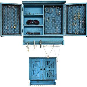 Rustic Wood Wall Mounted Jewelry Organizer Blue